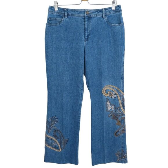 Joanne Scott Womens 10 Medium Wash Blue Embroidered Studded Paisley Scroll Jeans - Picture 1 of 12